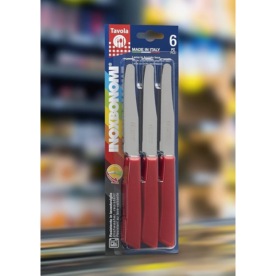 6 kitchen Knives - 4.3"/11cm Italian Stainless Steel Serrated Vegetable/Steak/Table Knife Cutlery, Rounded Tip (Red Handle)