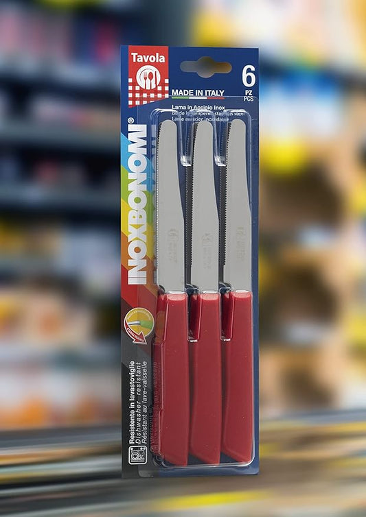 6 kitchen Knives - 4.3"/11cm Italian Stainless Steel Serrated Vegetable/Steak/Table Knife Cutlery, Rounded Tip (Red Handle)