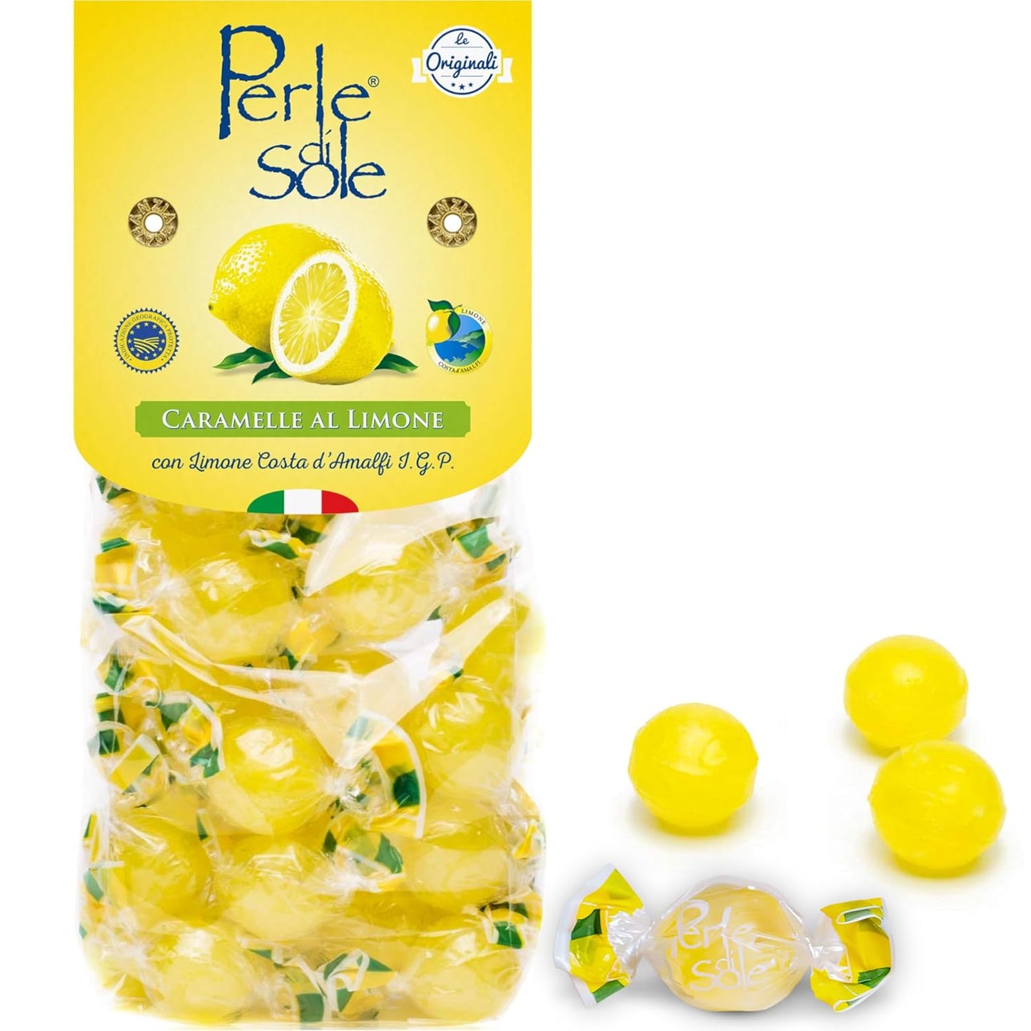 Perle di Sole Italian Lemon Drops Hard Candy Individually Wrapped (7.05 oz) Made with Essential Oils of Amalfi Coast P.G.I. Lemon - Italian Imported Gifts From Italy